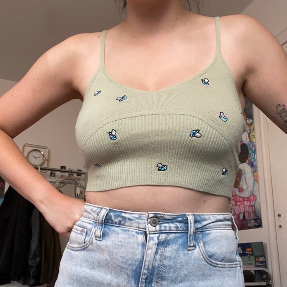 La Hearts Tops - LA Hearts Brand Mushroom Light Green Tank Crop Top
